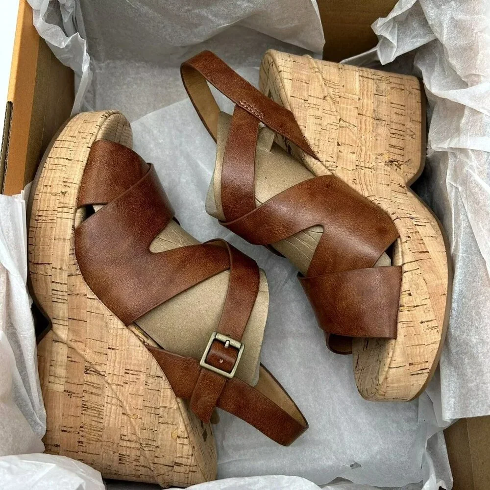 Korks Brigitte Women's Wedge Platform Sandal Size‎ 8 Brown/Tan Open Toe Style